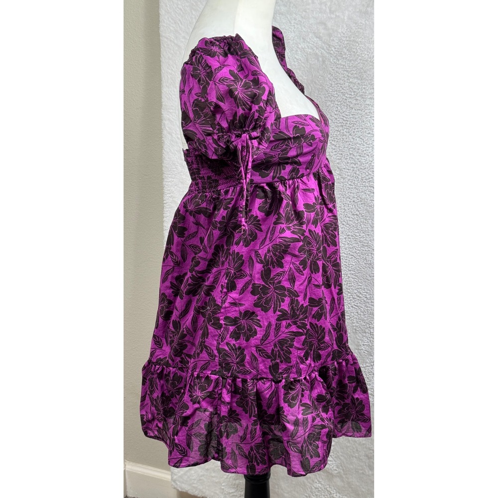 Olivaceous Floral Mini Dress Purple Brown‎ Puff Sleeve Smocked Back Size M - Picture 2 of 6